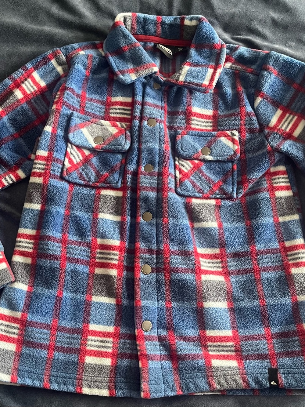 Quiksilver Blue Plaid Fleece Snap Jacket with Red & White Accents